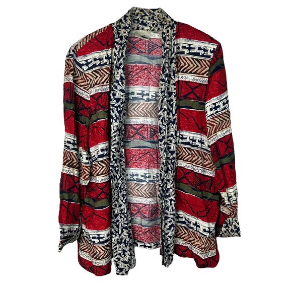 Vintage 90s Ikat Print Grunge Kimono Top Open Front Red Brown Womens Plus 2X - Picture 1 of 6